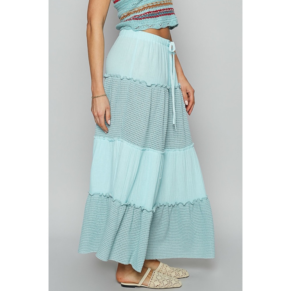 POL Sky Blue Tiered Mixed Fabric Maxi Skirt - Picture 2 of 5